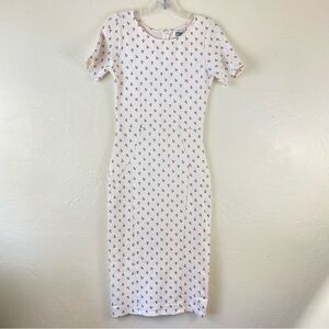 Unique Vintage Size Medium Ivory & Navy Nautical Short Sleeve Fitted Midi Dress